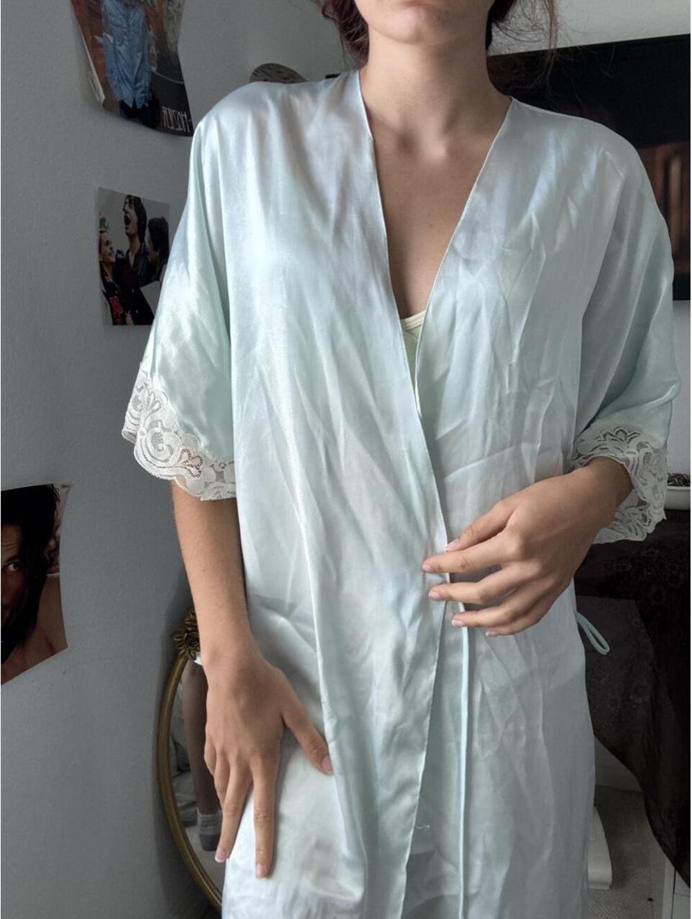 vintage Light blue satin robe with lace trim on sleeves